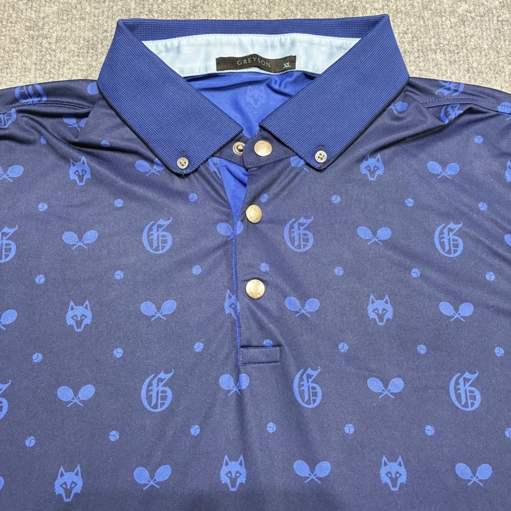 Greyson Polo‎ Shirt Mens XL Navy Blue Wolf Graphic Tennis Performance Excellent